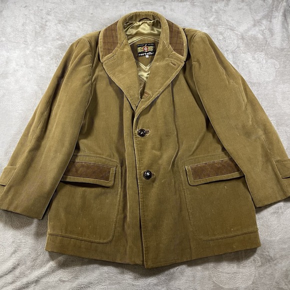 Vintage Mens Cortefiel Overcoat Size 44 Corduroy Leather‎ Suede Trim - Picture 1 of 12